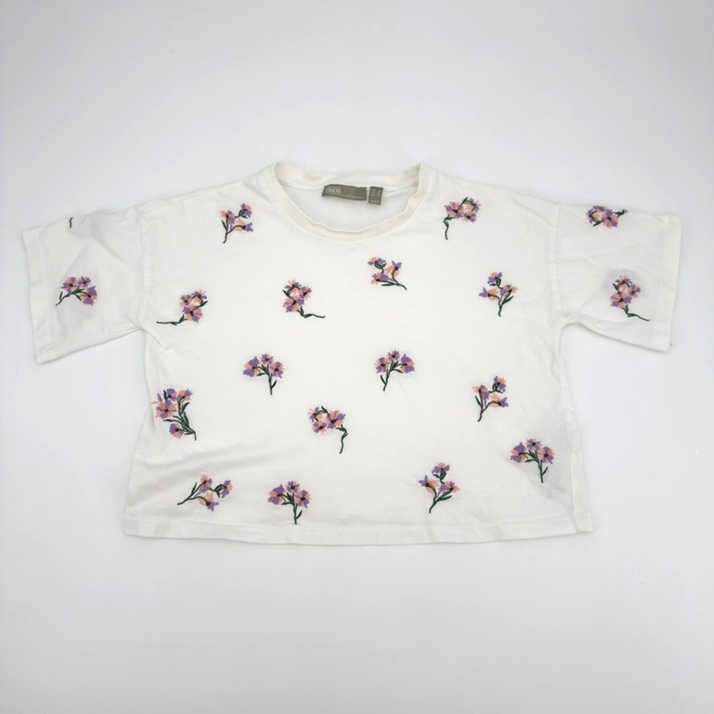 ASOS Women White Floral Embroidered Boxy Crop Top Tee Shirt Size US 0